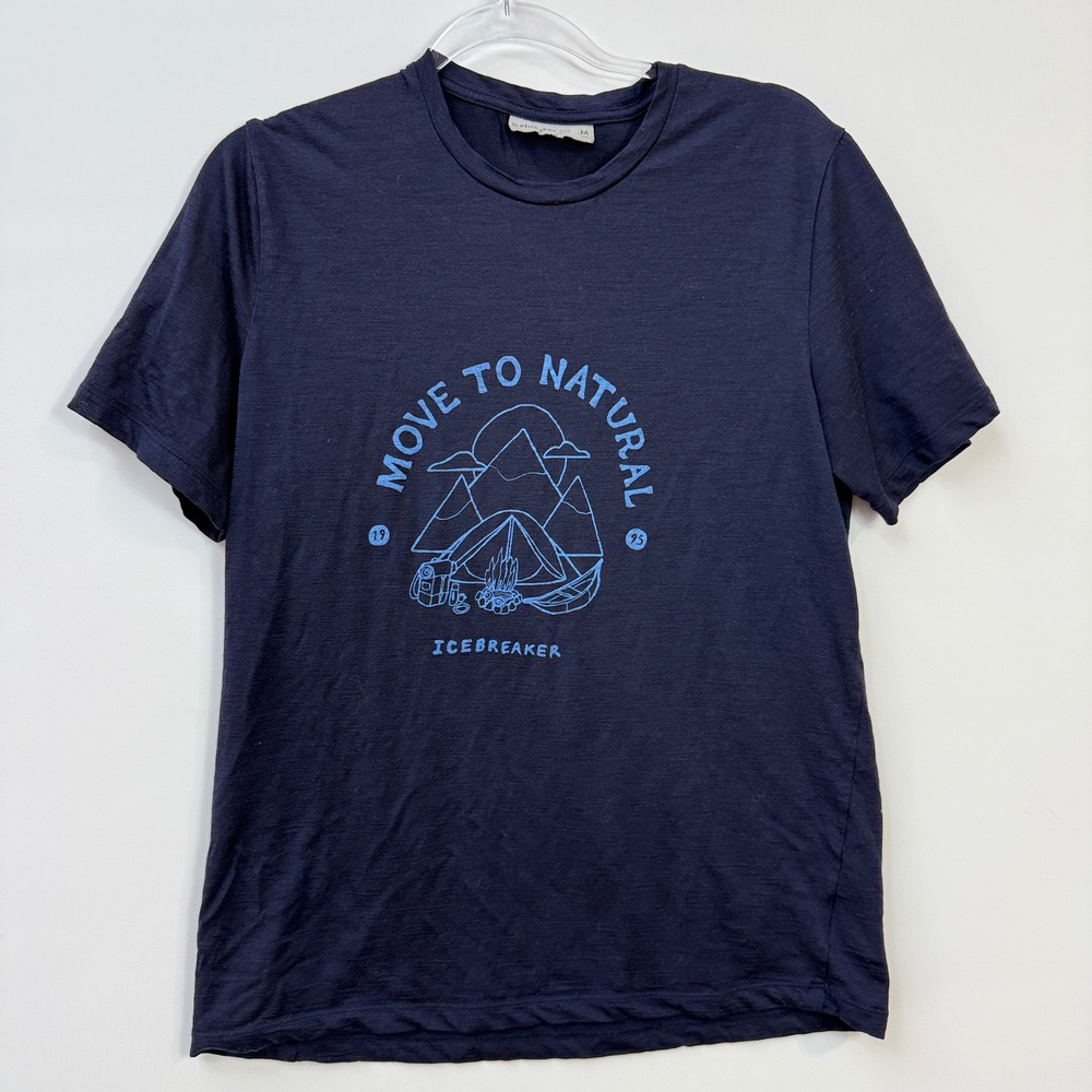 Icebreaker T-Shirt Mens M Navy Blue Move to Natural Merino Wool Graphic Tee
